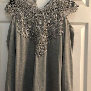 Gray lace open shoulder long sleeve top. NWOT